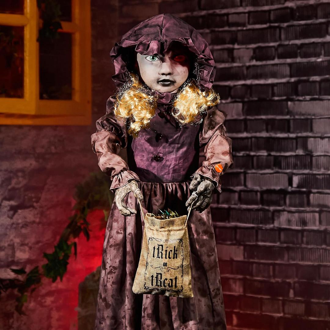 Halloween Animatronics 4ft Creepy Two-Face Doll, Animated 48" Decorations with Candy Bag, Sound Activated, Speak, Light Up Eyes, Scary Move, Haunted House Holiday Decor Horror Prop for Indoor, Outdoor