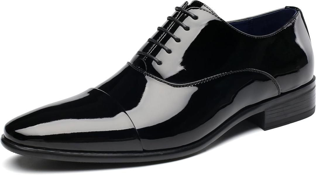DECARSDZ Mens Faux Patent Leather Classic Lace-up Formal Oxford Tuxedo Dress Shoes (9, Black)