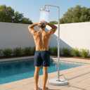KES Natural Marble Outdoor Shower with Weighted Base, Freestanding Poolside Rain Shower Head & Foot Rinse, 3/4" Brass Hose Adapter, Anti-tip Strap & Ground Stake, 18/8 Stainless Steel, ODS200F18-BS