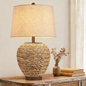 26" Natural Rattan Table Lamp, Farmhouse Rustic Seagrass Woven Bedside Lamp with Linen Shade, Coastal Boho Decor for Living Room, Bedroom, End Table,1 Pack