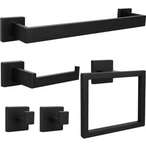 5pcs Bathroom Hardware Set, 16in Towel Bar Set, Including Square Towel Bar Square Towel Ring Toilet Paper Holder Towel Hooks, Set SUS304 Stainless Steel, Wall Mounted (5pcs, 16in, Black)