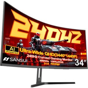 SANSUI 34 Inch 240Hz Curved Ultrawide UWQHD 3440x1440 Gaming Monitor, 21:9 2K Curved Monitor 1500R,Fast VA, PIP/PBP,AI Crosshair,AIPQ(Visual Enhance),MPRT 1ms,HDR,HDMI2.1 * 2,DP1.4 * 2(DP Cable Incl.)