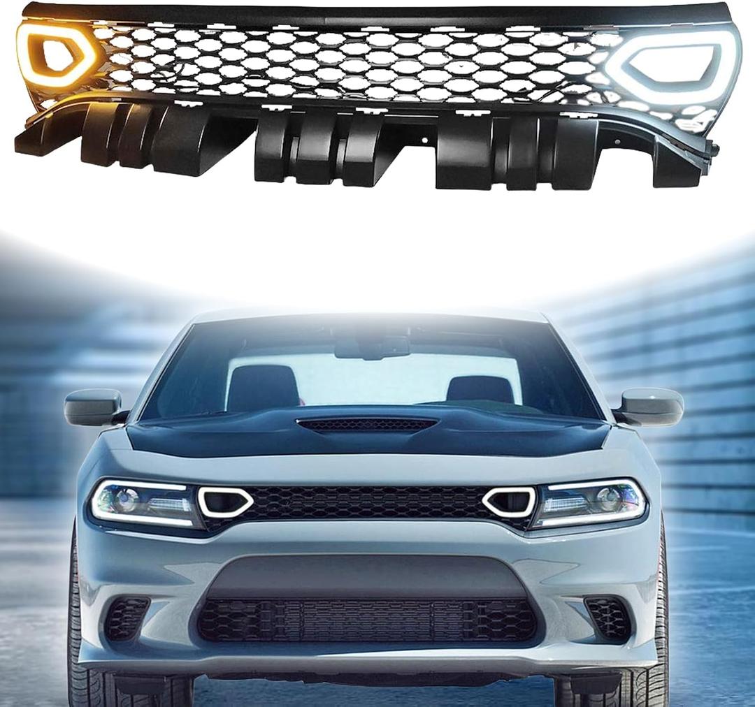 Front Bumper Grille Compatible with 2015-2023 Dodge Charger SRT/Scat Pack Upper Grille w/Led Lights 2019 SRT Style ABS Black