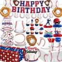 Baseball Birthday Decorations Set Includes Plates, Napkins, Cups, Cutlery, Toppers, Banner, Hanging Swirls, Tablecloths, Honeycomb Centerpieces, Foil Balloons for Baseball Party Decorations, Serves 24