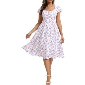 Belle Poque Women's Sweatheart Neck Ruffle Cap Sleeve Floral Dress 2026 Summer Ruched Midi Elegant Cocktail Party Dress, Medium