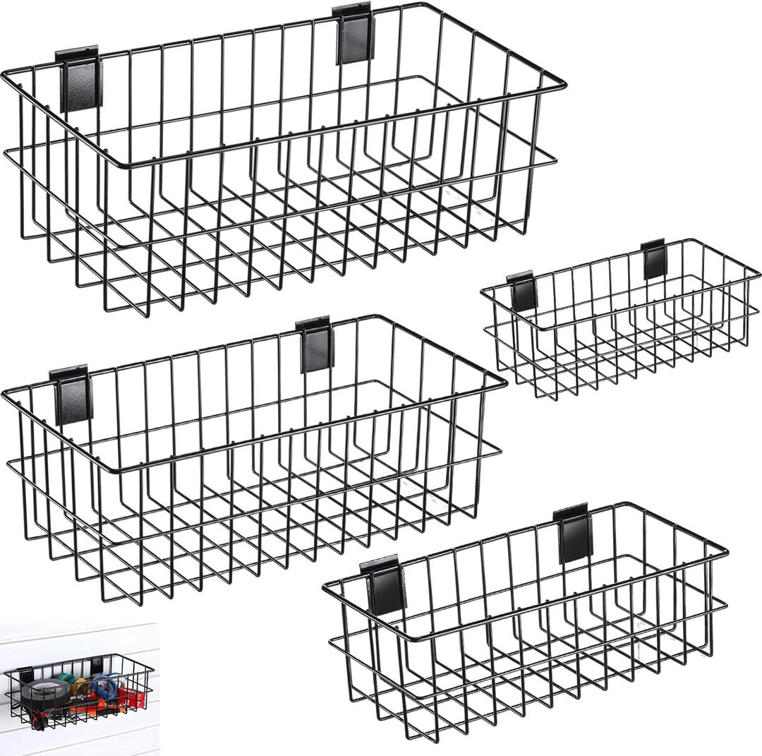 Hicarer 4 Packs Black Slatwall Baskets Sets Mounted Slatwall Accessories Ventilated Metal Hanging Baskets for Rooms Shops Storage Organizing Display on The Wall
