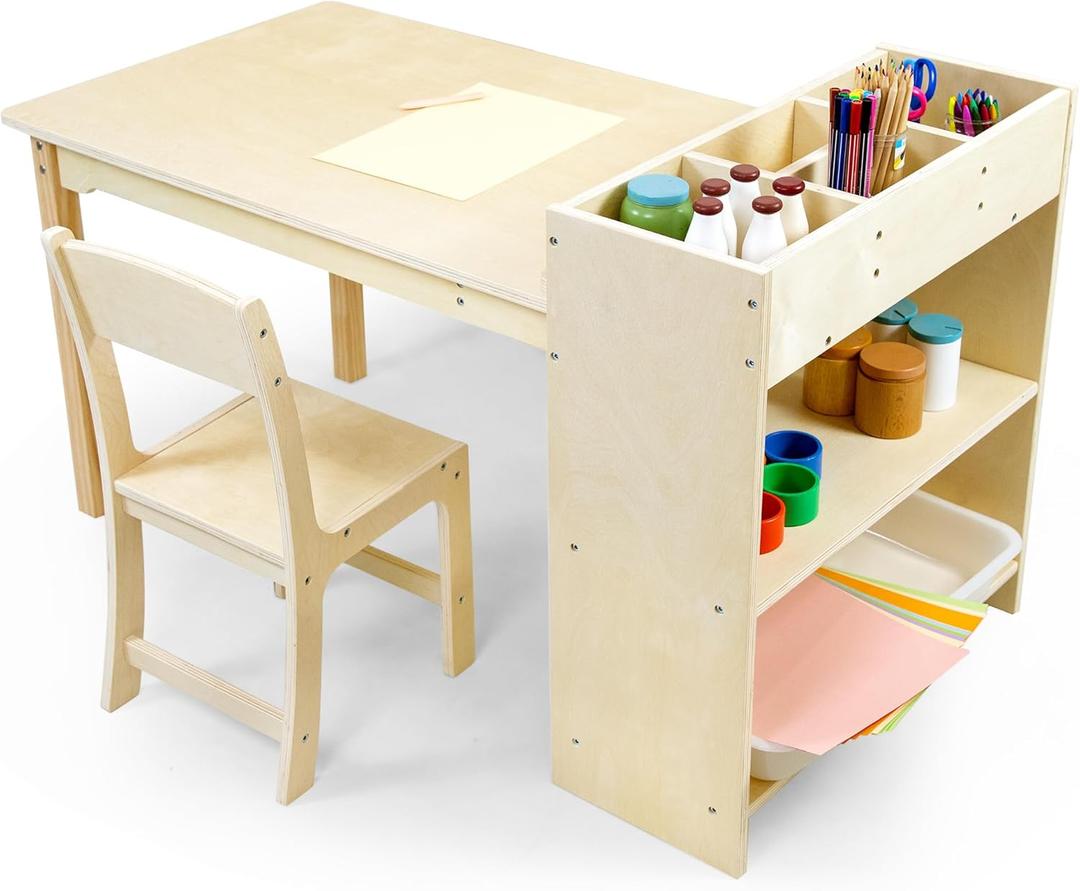 Kids Art Table and Chair Set, Birch Wooden Activity Craft Table, Kids Drawing Table, Toddler Desk with Storage and 1 Chair 
