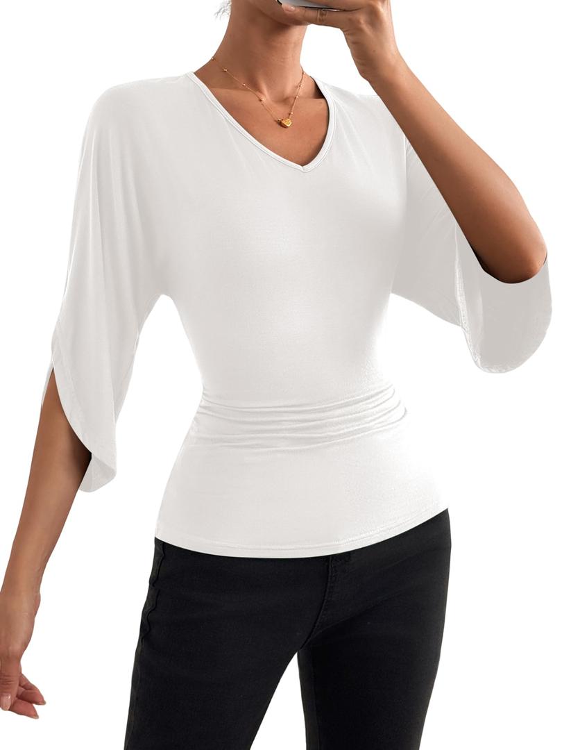 ZAFUL Womens V Neck Tops 3/4 Batwing Sleeve Shirts for Women Summer Dressy Casual Top Flowy Loose Fit Business Work Blouses White M (White, M)