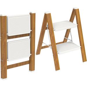 HBTower Step Ladder,Lightweight Aluminum Folding Step Stool with Anti-Slip Wide Pedal,330lbs Capacity Step Ladder for Household,Kitchen,Office - White/Wood/Grain