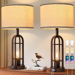 SRJJA Farmhouse Table Lamps for Living Room Bedroom Set of 2 - Rustic Industrial Bedside Lamps for Night Stands with USB A+C, 24" Vintage Nightstand Lamp with Night Light, Bulbs Included
