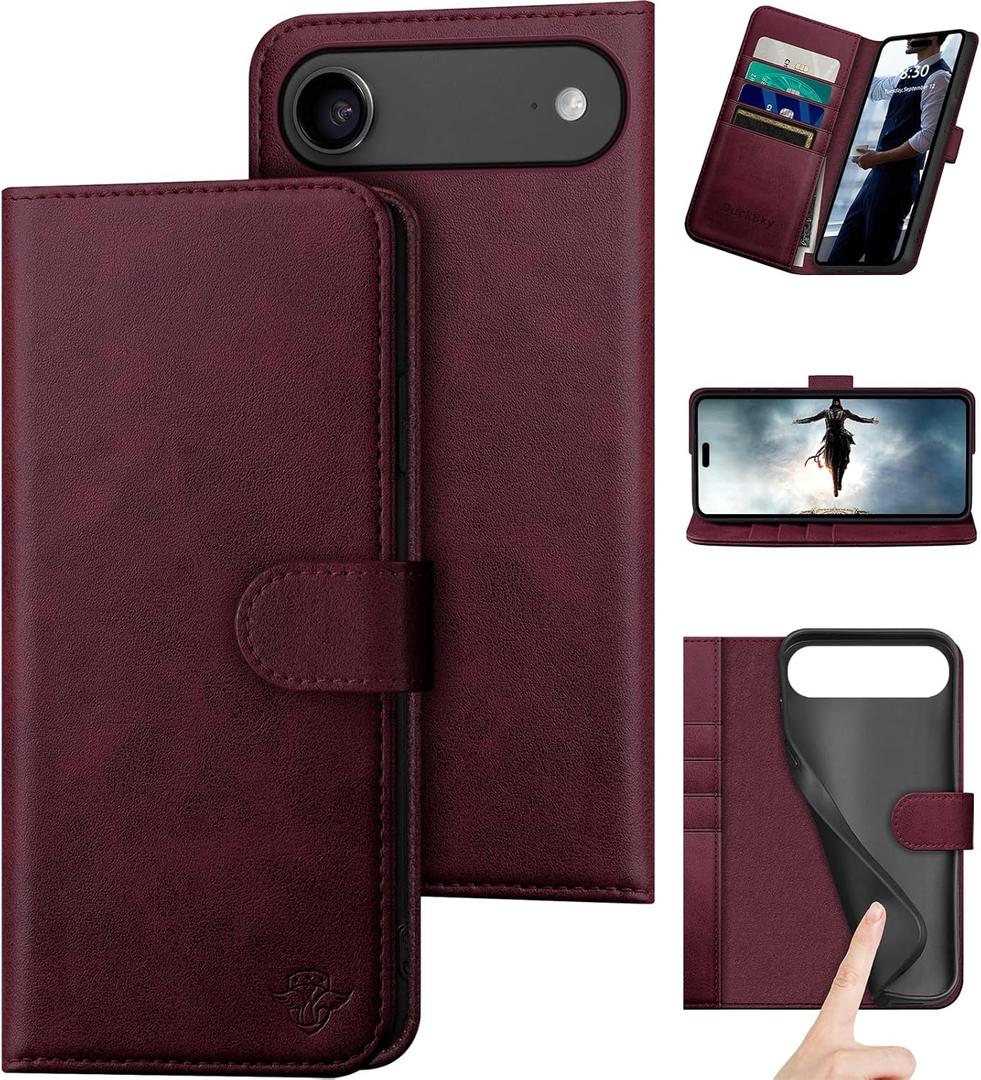 DuckSky Compatible with iPhone Air 6.5" Genuine Leather Wallet caseRFID Blocking4 Credit Card HolderReal Leather Flip Phone case Cover Women Men for Apple iPhone 17 Air case Wine Red