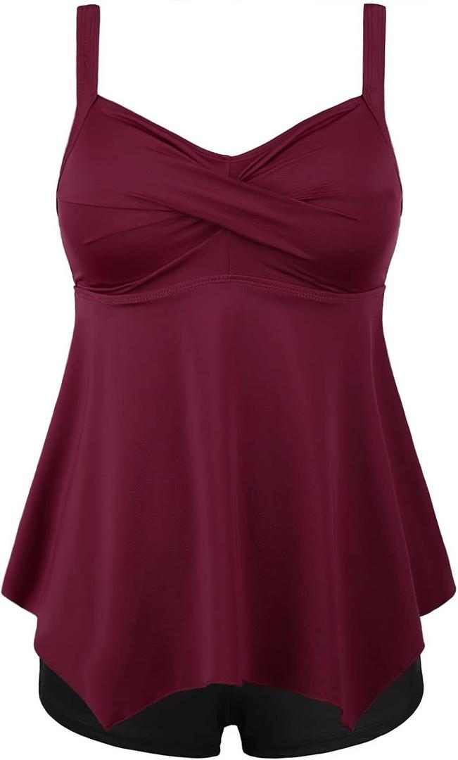 Septangle Tankini Swimsuits for Women Two Piece Bathing Suit for Tummy Control Flowy Twist Front Swimwear Swim Top with Short (12, Wine Red)