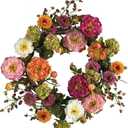 Nearly Natural 24in Artificial Peony Wreath Multicolor Faux Floral Spring Wreath for Front Door, Indoor Wall Decor, and Dining Table Centerpiece