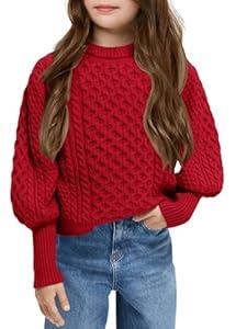 Girls Cable Knit Sweaters Kids Fall Fashion Puff Sleeve Ribbed Cuffs Crewneck Clothes (7-8 Years, Red)