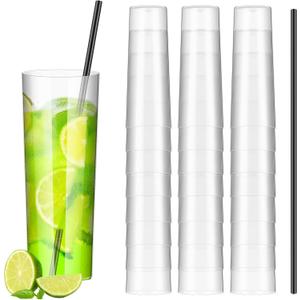 Plastic Highball Glasses with Straws(set of 48), 10 oz Shatterproof Drinking Cups, Tall Whiskey Collins Glass with Straw, Smoothie Tumbler Mojito Cocktail Cup for Wedding Spring Summer Party