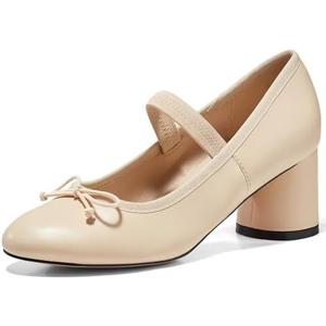 Coutgo Womens Mary Jane Shoes Bowknot Ballet Pumps Closed Toe Chunky Low Heels Dress Casual Wedding Shoes Size 8.5