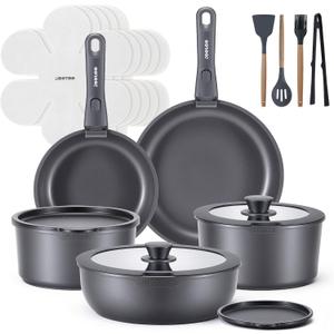 JEETEE 20 Pcs Pots and Pans Set Non Stick, Titanium Reinforced Nonstick Cookware Set with Detachable Handle, Induction Kitchen Cookware Sets, Oven Safe & Space Saving for RV Camping