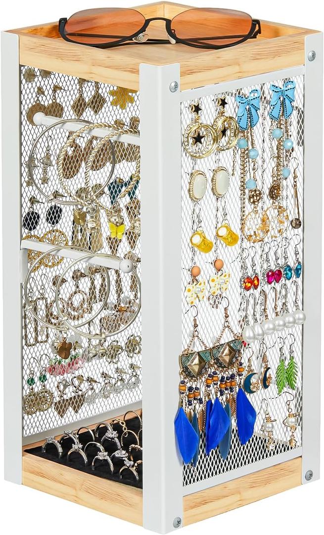 keomaisyto Earring Holder Organizer, 360 Rotating Jewelry Holder with Ring Tray/Necklace/Bracelet/Ring Hooks, White Earring stand with 4 Sides and 2 Wooden Trays for Jewelry Display (Upgraded)