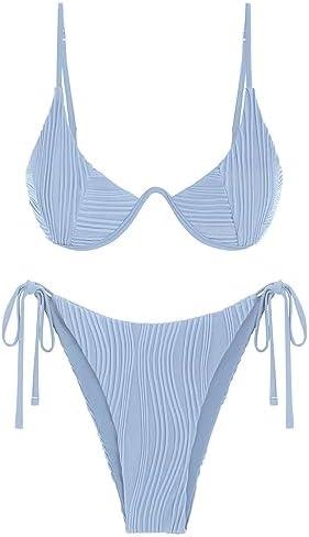 ZAFUL Women's Bikini Sets Ribbed Two Piece Swimsuits Underwire Adjustable Back Clasp Bathing Suit Side Tie Thong Swimwear L