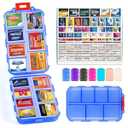 PILABEL Travel Pill Organizer with Bulk Stickers & Labels - Small & Portable Daily Medicine Pharmacy for Pocket, Bag - 14-Compartment Foldable Supplement Box Holder for Fish Oil Vitamin - Clear Blue