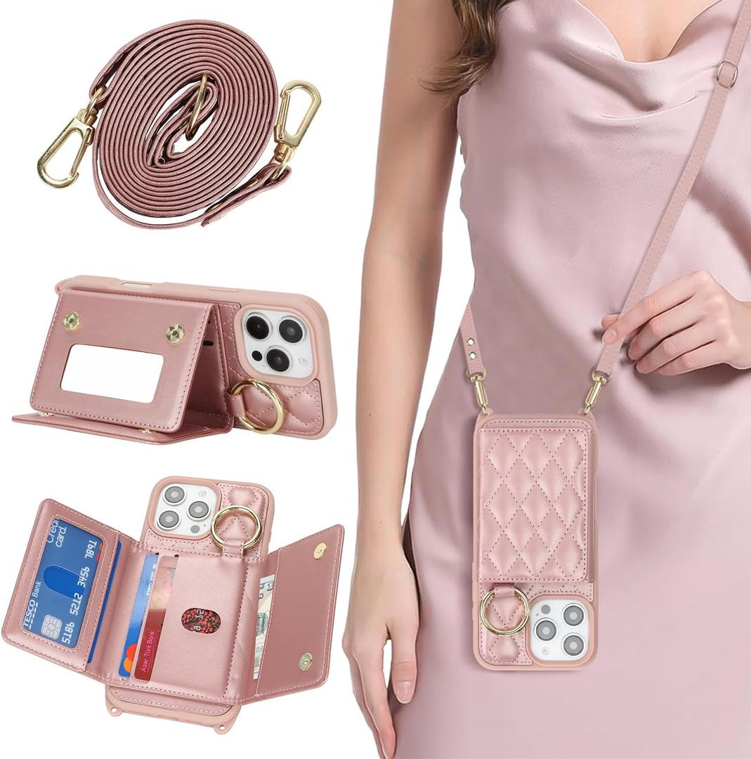 for iPhone 16 Pro Max Case with Card Holder and Strap for Women,Crossbody Lanyard, Make Up Mirror,Ring Stand,Snap Clasp,Cute Phone Wallet Cases 6.9 inch - Dark Rose Gold