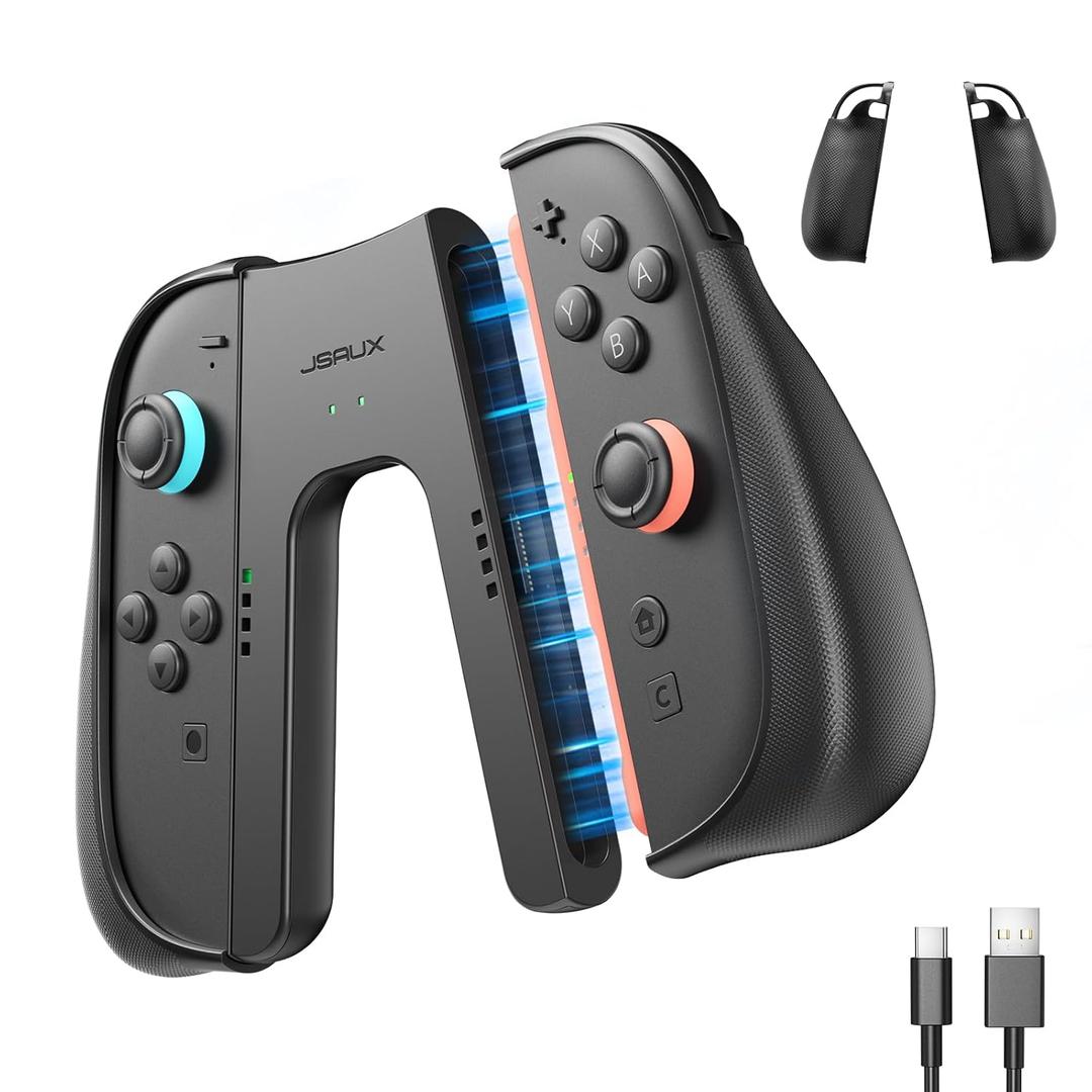 JSAUX Non-Slip Ergonomic Charging Grip for Switch 2, Magnetic Grip Controller Compatible with Switch 2 JoyPads, Play While Charging with LED Indicator & 1.5m/4.9ft Charger CableBlack
