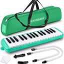 Eavnbaek 32 Keys Melodica Instrument, Soprano Melodica Air Piano Keyboard Pianica with 2 Soft Long Tubes, 2 Short Mouthpieces and Carrying Bag (Green)