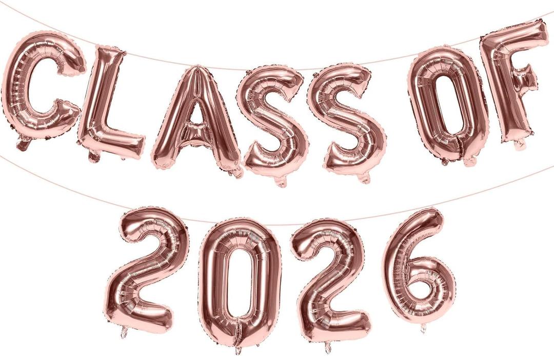2 x KALOR 16 Inch Rose Gold Class of 2026 Banner Balloons, Rose Gold Graduation Letters Sign, Grad Foil Letter Number Balloons for Graduation Party Decorations