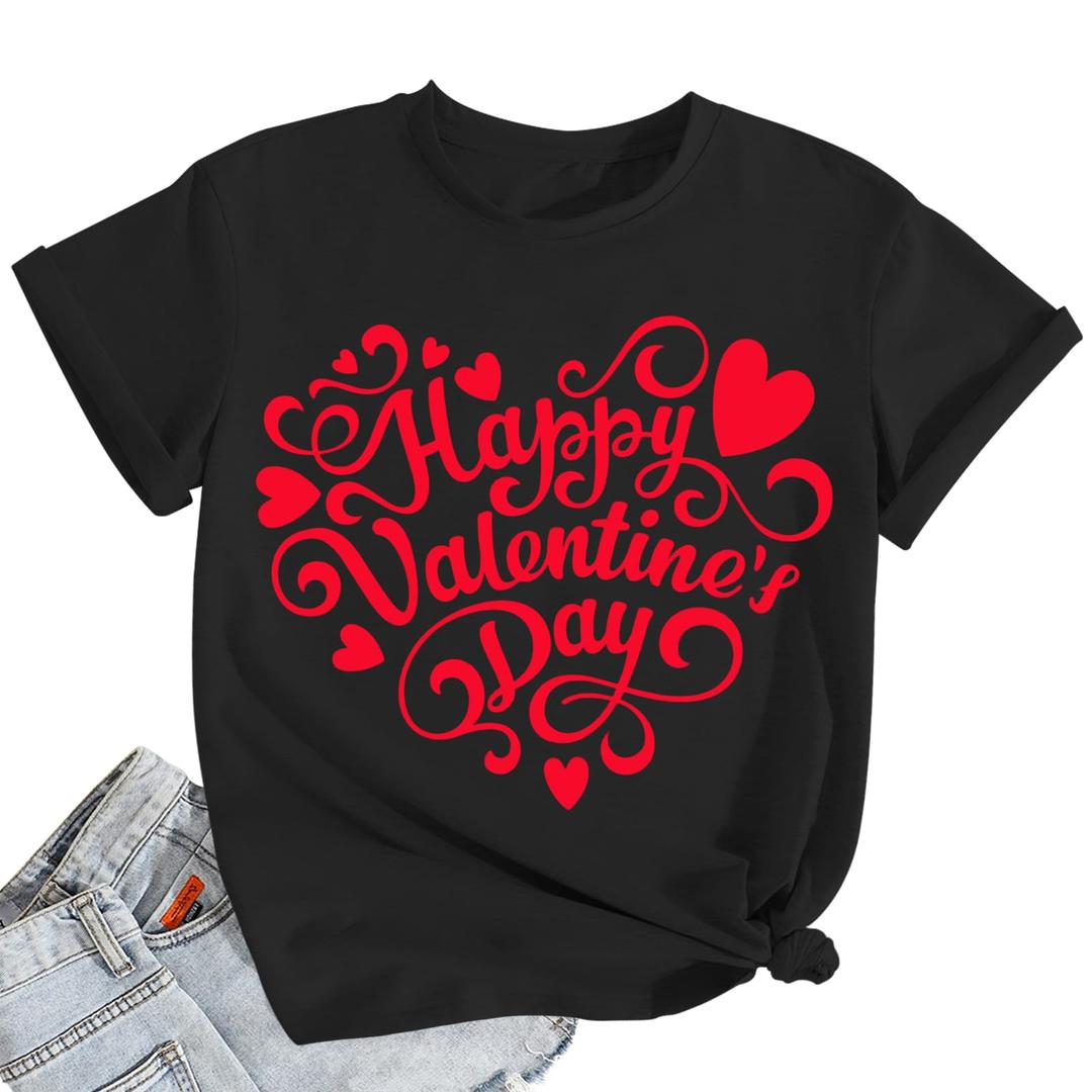 qdl Valentine's Shirts for Women - Cute Heart Short Sleeve Tee Valentine's Day Blouse Top (Black, L)