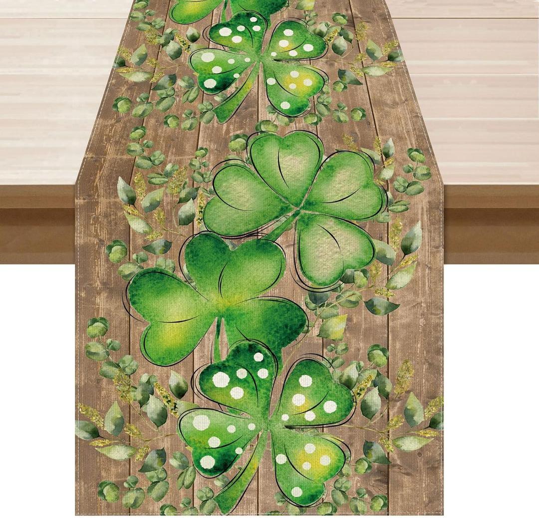 XCHI Wood Grain Green Shamrocks Clovers Eucalyptus Leaves St. Patrick's Day Table Runner Table Decoration for Party Home Kitchen Dining Holiday Decor 13x36 Inch