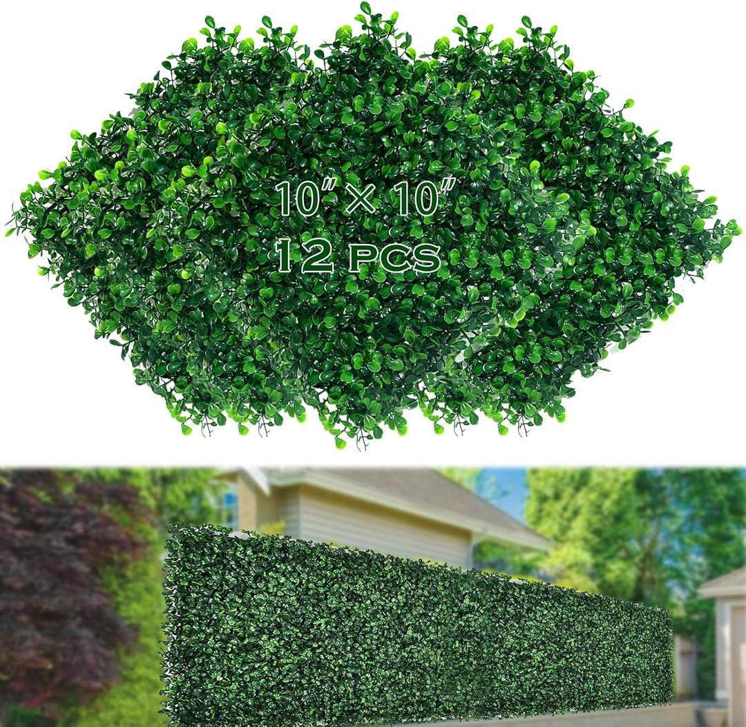 12Pcs Artificial Boxwood Decoration Backdrop Greenery Covering Hedge Wall Panels UV-Anti Grass Wall Decor Privacy Hedge Screen Fence Decor,10"X10" (10"X10" 12P)