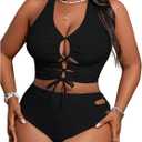 SOLY HUX Women's Plus Size Bikini Set Sexy Swimsuit Lace Up Tummy Control 2 Piece Bathing Suit (Black, XL)