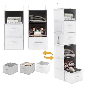 Twira 6-Shelf Hanging Closet Organizer, 2 Separable 3-Shelf Hanging Shelves, Hanging Storage with 3 Removable Drawers 4 Side Pockets, Storage Organizer for Closet, Nursery (White)