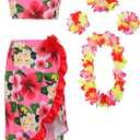 ReliBeauty Hawaiian Skirt Costume for Girls Red Flowers 6 Piece Kit (120)