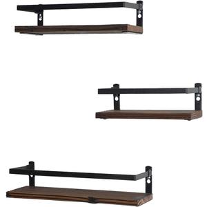 PHUNAYA Floating Shelves Rustic Wood Wall Mounted Shelf Practical Metal Fence Design Ideal for Bedroom, Bathroom, Kitchen Set of 3(Brown)