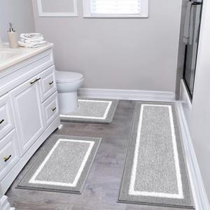 Pauwer Bathroom Rug Set 3 Piece, Non-Slip Absorbent Bath Mats, Microfiber Soft, Absorbent Plush Shaggy Carpets Includes U-Shaped Toilet Mat for Bath Floor, Shower, Light Grey (18"x26"+18"x48"+U Shape 20"x24")