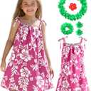 ZIW Girls Pinkish-Red Tropical Cosmos Flower Sundress Kids Hawaiian Costume with Luau Party Accessories Halloween Costumes (11-12 Years)