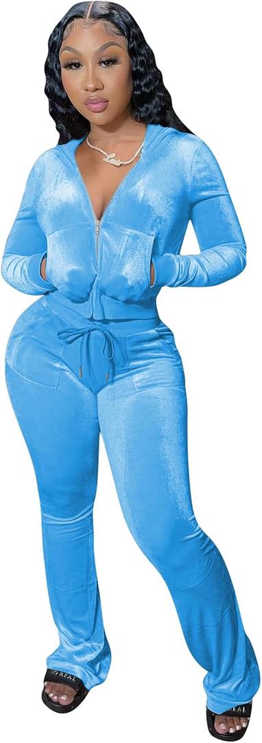 yidengymx Womens 2 Piece Velour Hoodie Jogger Tracksuit Two Outfits for Women,Long Sleeve Full-Zip Up Velvet Crop Tops Jacket Flared Pants Fall Lounge Matching Sets Sportswear Sweatsuit Pockets (Blue, 3L)