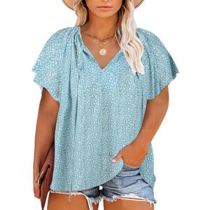 Halife Women's Plus Size Boho Tops Floral String V Neck Casual Summer Beach Blouses Shirts, XL