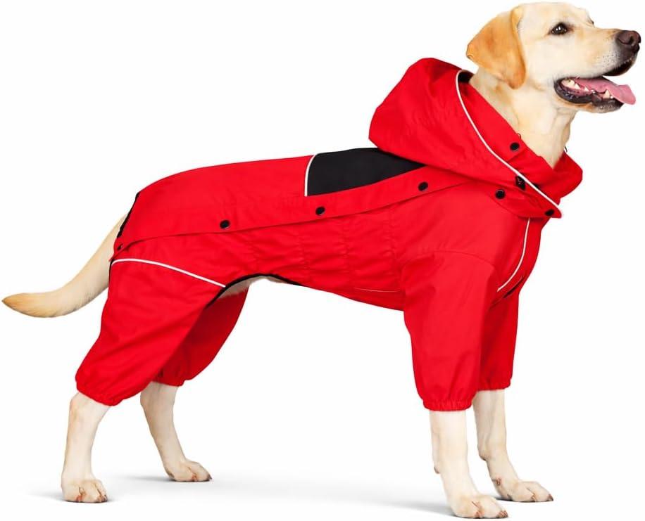 LOVELONGLONG Waterproof Dog Raincoat with Removable Hood Outdoor Full Body Dog Jacket, Windproof Snowproof Shell Suit All Season Pet Rain Gear Black XL (XL (Red 18"))