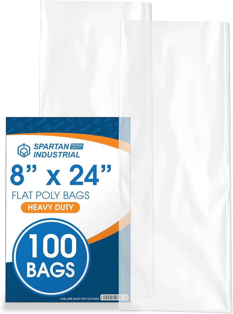Spartan Industrial - 8 X 24 (100 Count) 2 Mil Heavy Duty Flat Open End Clear Plastic Poly Bags - For Packaging Vases, Tools, Posters (Bags DO NOT Have Seal & DO NOT Have Prints)