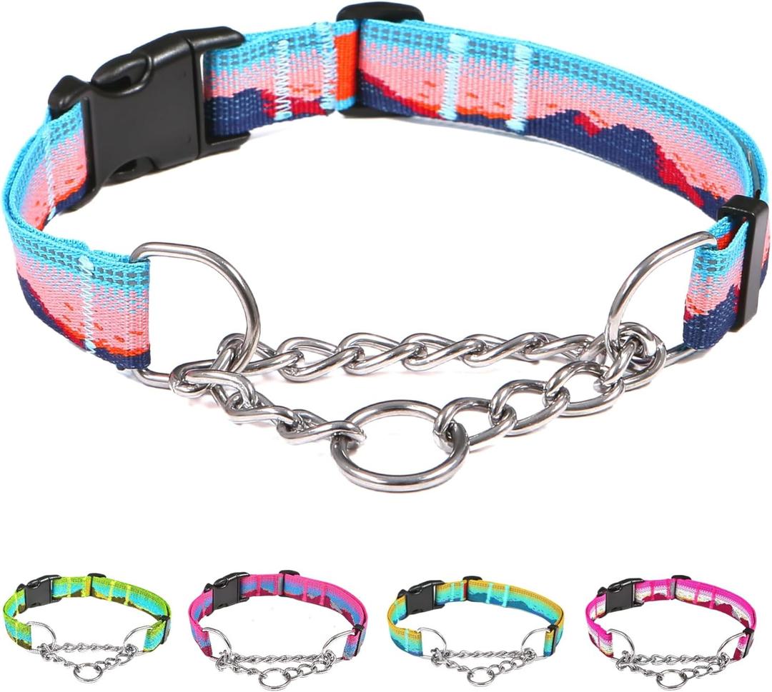 Martingale Dog Collars with Stainless Steel Chain, Reflective No Pull Walking Training Collar with Quick Release Buckle, Adjustable Slip Chain Nylon Dog Collars for Small Dogs (Blue and Orange)