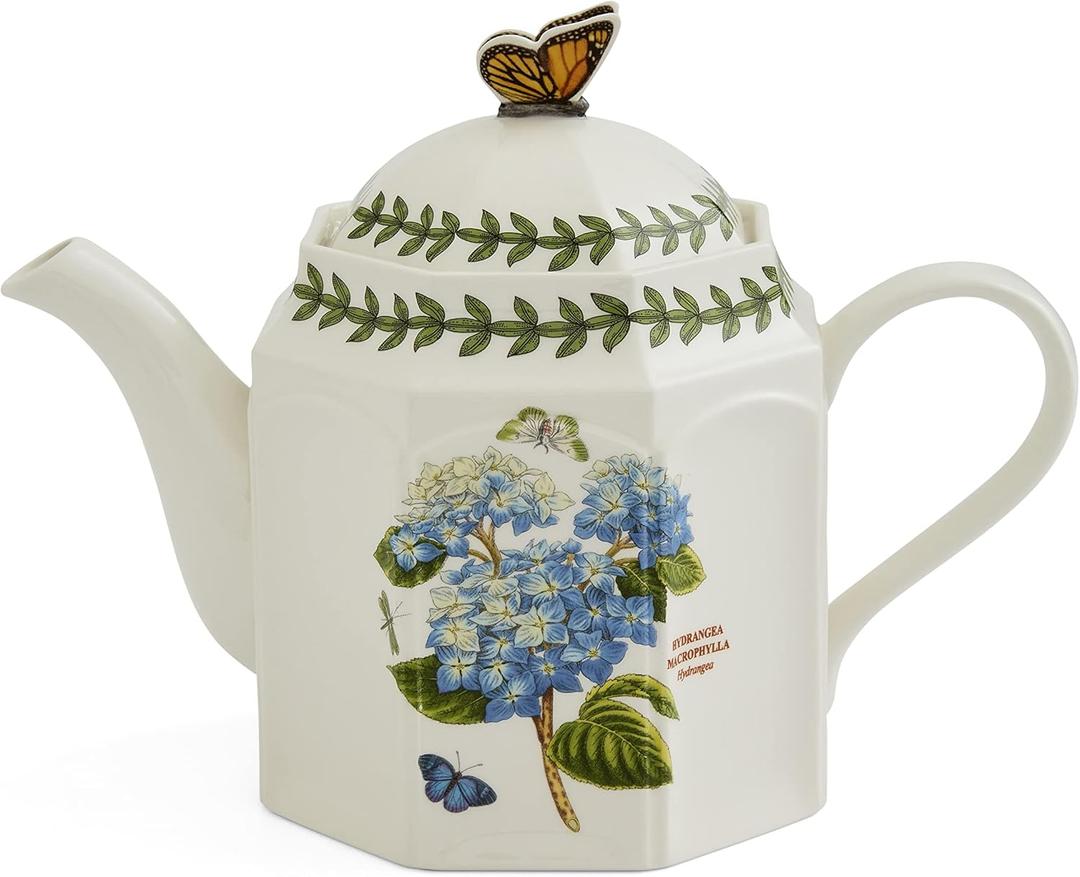 Portmeirion Botanic Garden Bouquet Teapot, 37 Ounce - Floral Hydrangea, Octagonal Shape with Butterfly Lid, Dolomite Tea Pot for Afternoon Tea & Elegant Dining - Cottagecore Tea Decor