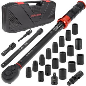 23PCS 1/2-Inch Drive Torque Wrench Set, 10-170FT.LB/13.6-230.5Nm, 1/2 Drive Click Torque Wrench Set, 72-Tooth Dual-Range, 3% Precision Adjustable Torque Wrenches for Cart, Motorcycle, Lug Nut