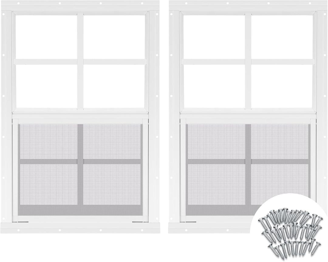 Tandefio 2 Pcs 14''x21'' Black Shed Window Transom Windows for Chicken Coop with Tempered Glass and Screen Household Windows with Vertical Slider and Screws for Mobile Home Sheds Barns (White)