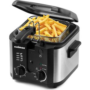 CUSIMAX Electric Deep Fryer for Home Use, 2.5 Liter 1500W Small Deep Fryer with Basket, Adjustable Temperature & Time, Lid with View Window and Odor Free Filter