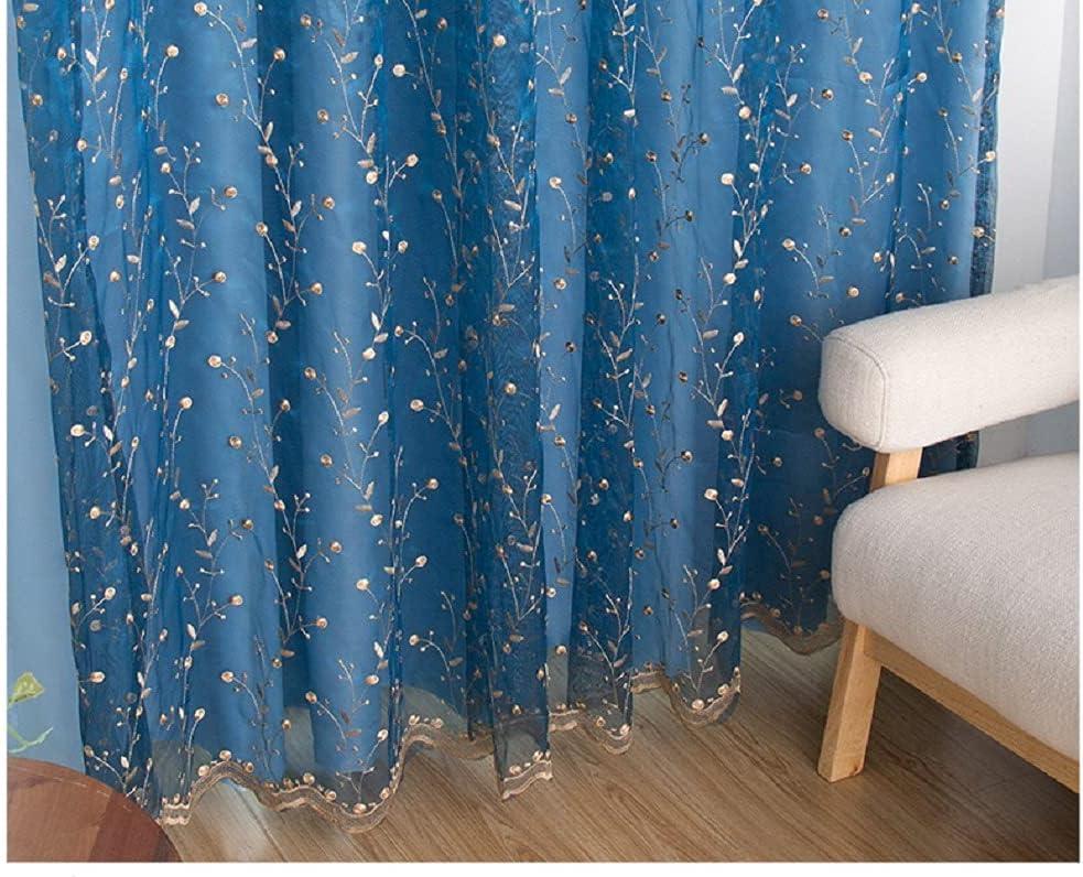 Luxurious Sheer Curtains Transparent Curtain Home Decoration Gauze Rod Pocket Top Rural Floral Embroidery for Living Room Bedroom Kitchen Balcony(1 Panel, W 50 x L 95 inch, Blue) (52W x 95L Inch 1 Panel)
