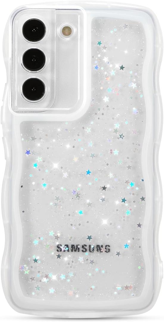 ZTOFERA for Samsung Galaxy S22 Plus 5G Case 6.6",Cute Curly Wave Case with Star Glitter,Clear Shiny Bling Soft TPU Shockproof Phone Protective Cover for Women Girls-White