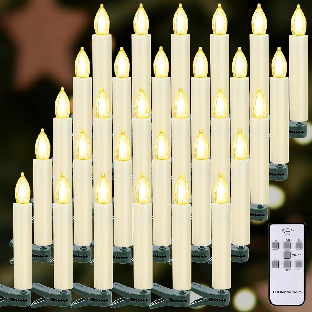 LED Christmas Candles, Flickering Clip on Candles for Christmas Tree, Battery Operated with Remote Timer, Warm White Light, Flameless Taper Candle for Home Christmas Decor, Set of 30