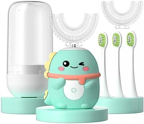 JIANLEJIA Kids Electric Toothbrush U Shaped Toddler Auto Sonic Toothbrushes with 5 Brush Head,Cartoon Dinosaur Ultrasonic Toothbrushes for Children 2-12 Years,360° Full Mouth Cleaning Automatic